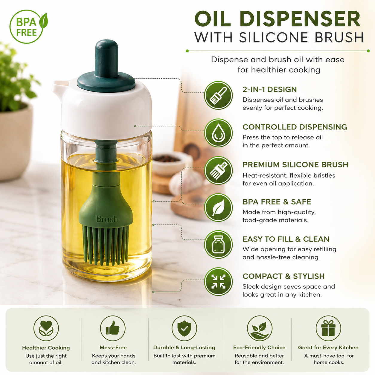 2-in-1 Oil Dispenser Bottle with Silicone Basting Brush, Glass Olive Oil Dispenser for Cooking, BBQ, Baking & Grilling, Leakproof Kitchen Oil Brush Bottle, BPA-Free, Easy Refill (White & Green)