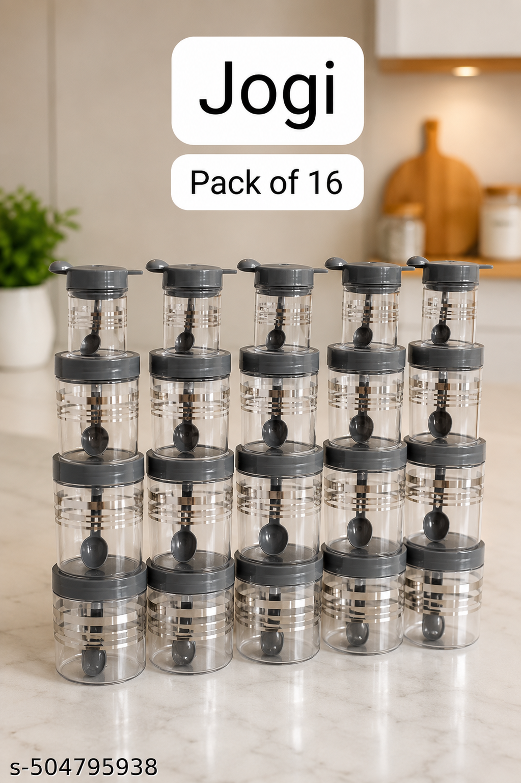 Jogi Plastic Spice Storage Jar Set with Spoon & Flip Lid | Pack of 16 | BPA-Free Kitchen Storage Containers | Airtight Masala, Dry Fruits, Sugar, Tea & Coffee Organizer | Transparent Design