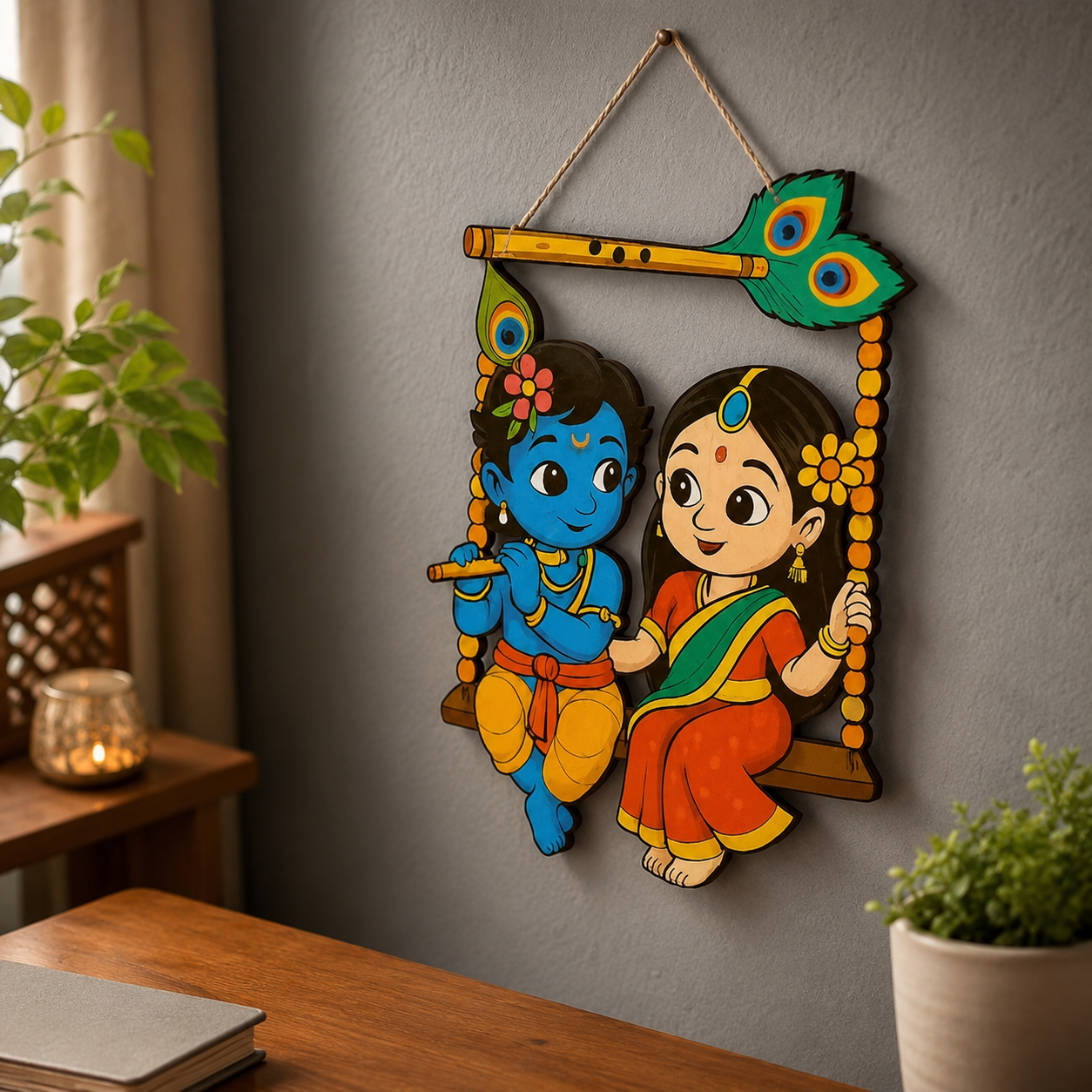 Radha Krishna Wall Hanging for Home Decor | Decorative MDF Wooden Wall Art with Swing Design | Spiritual Wall Decor for Living Room, Bedroom, Mandir & Office | Housewarming & Festival Gift