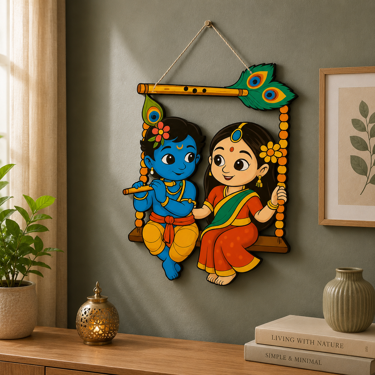 Radha Krishna Wall Hanging for Home Decor | Decorative MDF Wooden Wall Art with Swing Design | Spiritual Wall Decor for Living Room, Bedroom, Mandir & Office | Housewarming & Festival Gift