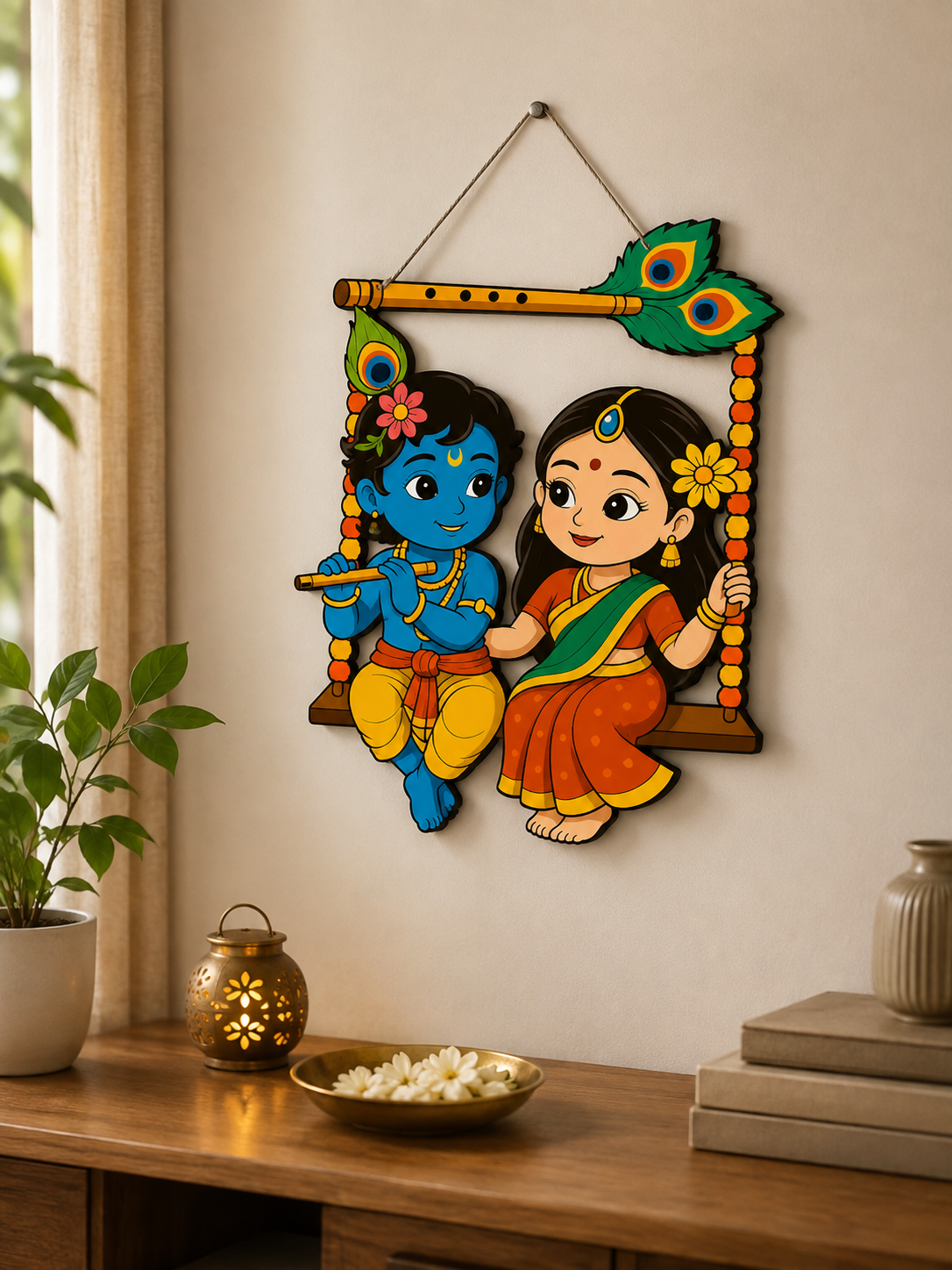 Radha Krishna Wall Hanging for Home Decor | Decorative MDF Wooden Wall Art with Swing Design | Spiritual Wall Decor for Living Room, Bedroom, Mandir & Office | Housewarming & Festival Gift