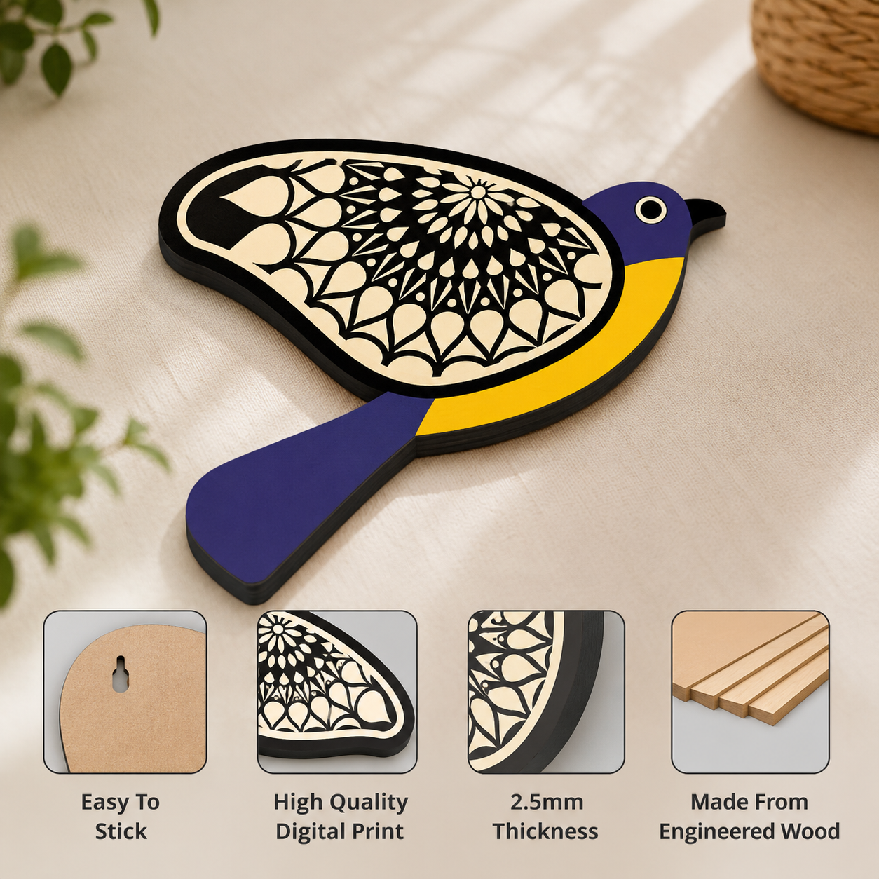 Decorative Wooden Bird Wall Art Set of 5 | Mandala Bird Wall Hanging for Living Room, Bedroom & Hallway | Premium MDF Wooden Wall Decor | Modern Home Decoration | Easy to Install