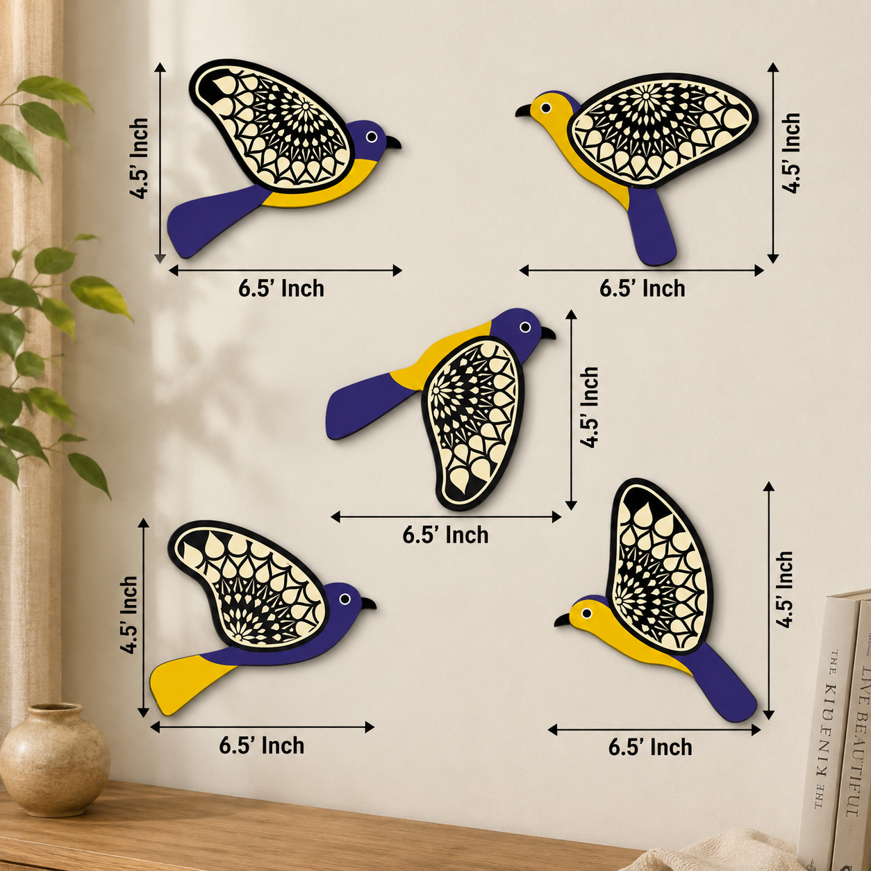 Decorative Wooden Bird Wall Art Set of 5 | Mandala Bird Wall Hanging for Living Room, Bedroom & Hallway | Premium MDF Wooden Wall Decor | Modern Home Decoration | Easy to Install