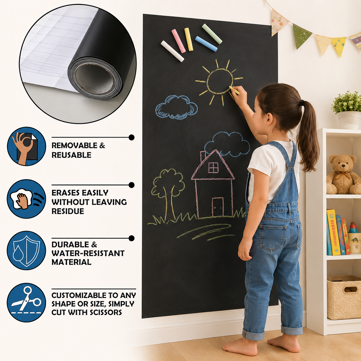 Self-Adhesive Blackboard Sticker Roll 45 x 200 cm | Removable Chalkboard Contact Paper | Writable & Erasable Wall Decal | Waterproof PVC Blackboard Sheet for Kids, Home, Office & Classroom