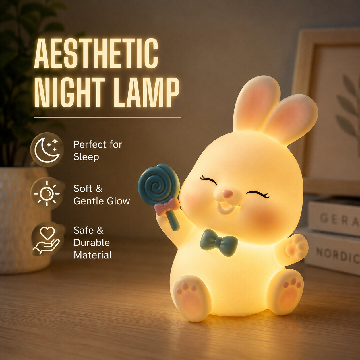 Cute Bunny LED Night Lamp for Kids | Soft Silicone Rechargeable Bedside Night Light | Warm Glow Touch Lamp for Baby Nursery, Bedroom & Home Decor | Bunny Table Lamp Gift for Girls & Boys