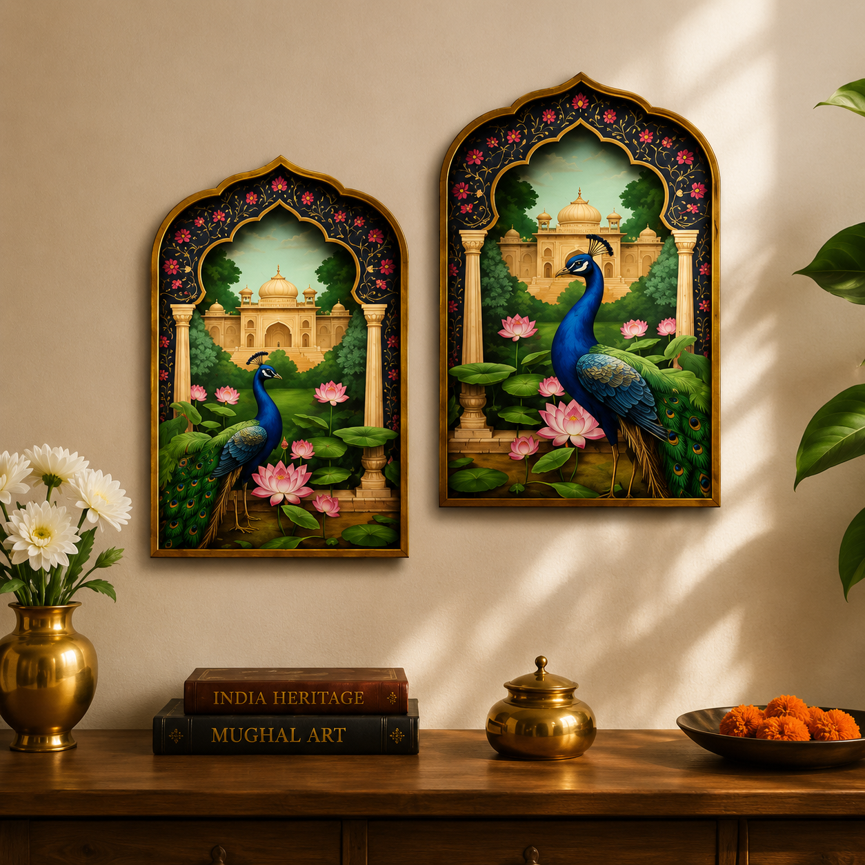 Peacock Jharokha Wooden Wall Art Set of 2 Traditional Indian Home Decor | Living Room & Bedroom Wall Hanging