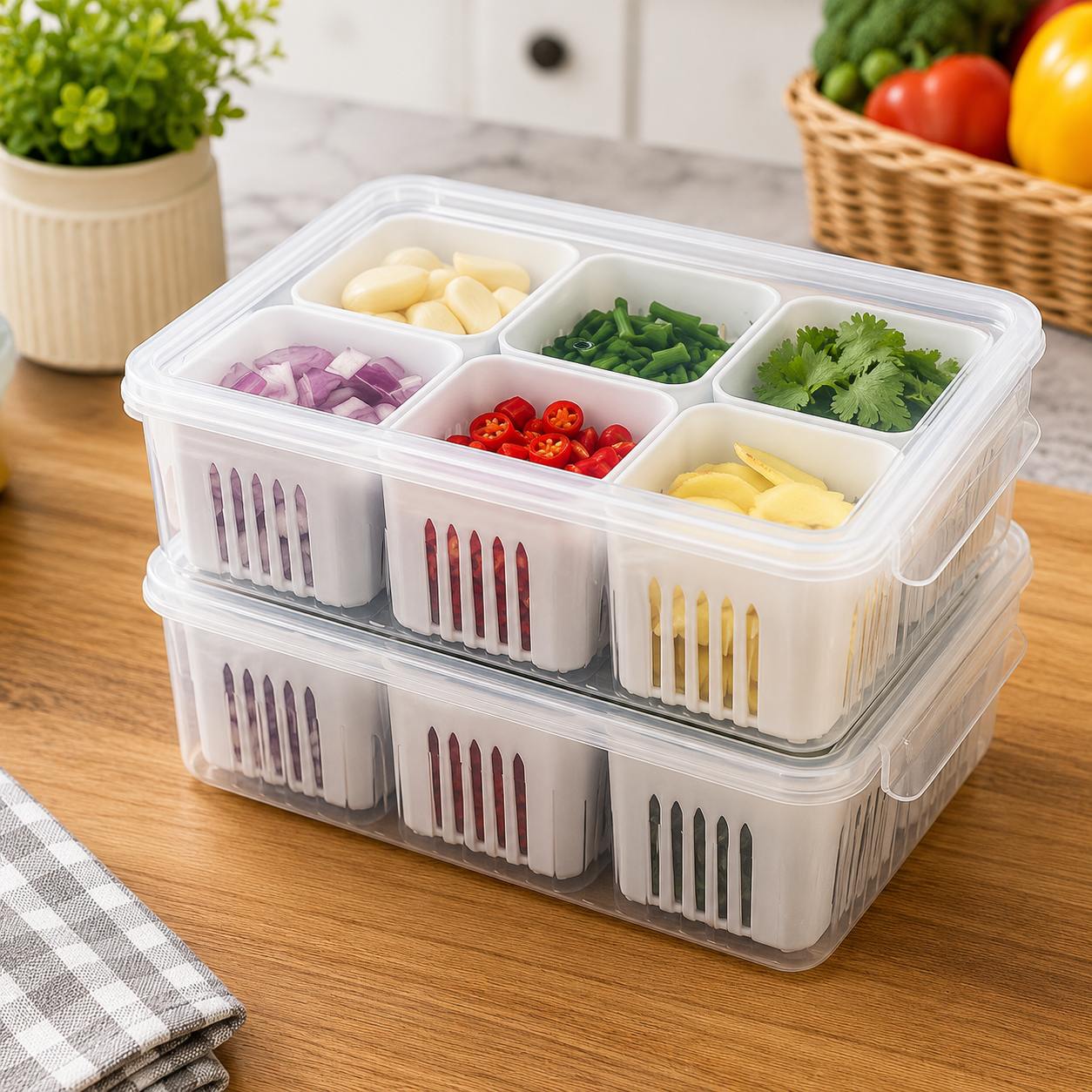 6-Grid Fridge Storage Organizer with Lid