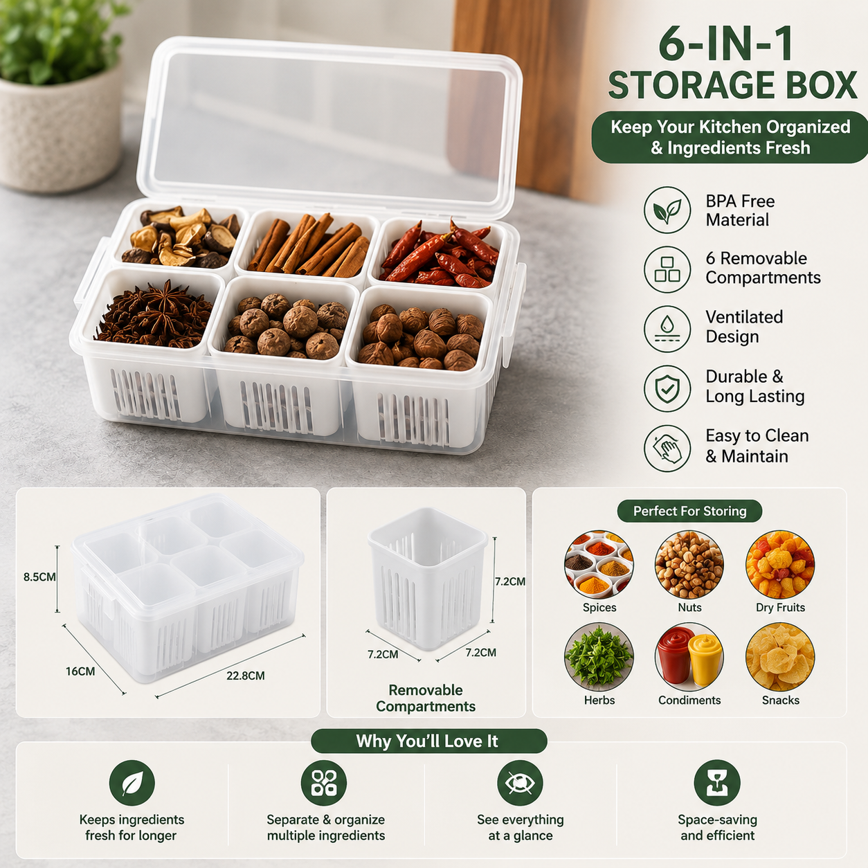 6-Grid Fridge Storage Organizer with Lid