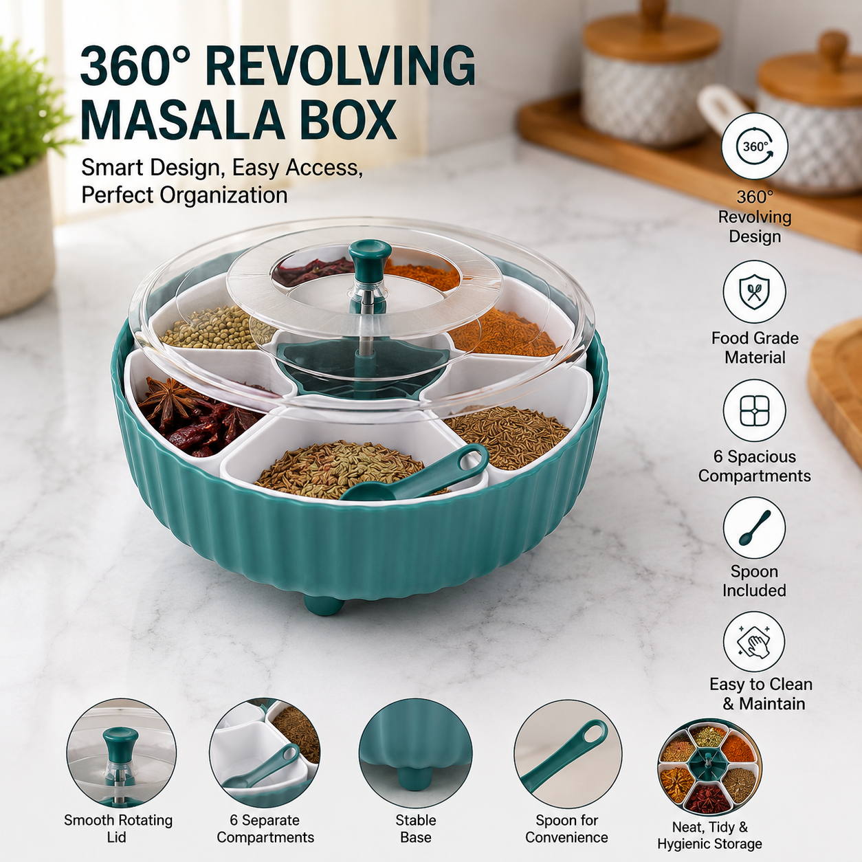 360° Rotating Masala Box with 7 Removable Spice Containers, Transparent Lid & Spoon | Multipurpose Plastic Spice Organizer for Kitchen | Air-Tight Spice Storage Container (Blue)