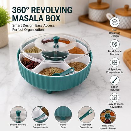 360° Rotating Masala Box with 7 Removable Spice Containers, Transparent Lid & Spoon | Multipurpose Plastic Spice Organizer for Kitchen | Air-Tight Spice Storage Container (Blue)