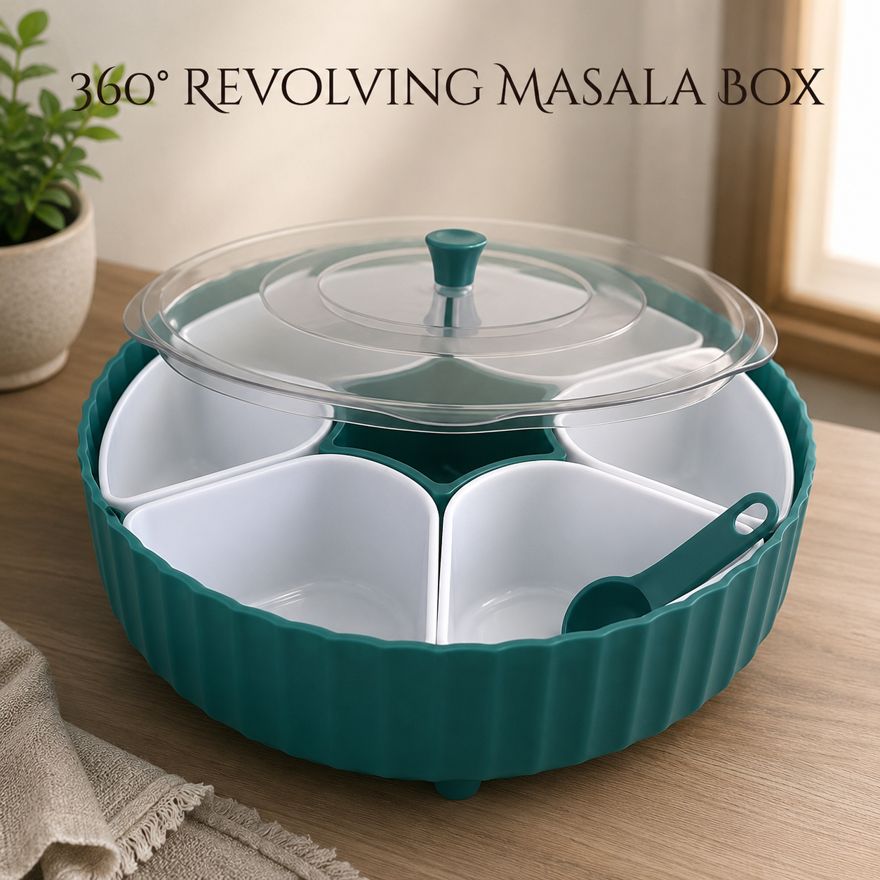 360° Rotating Masala Box with 7 Removable Spice Containers, Transparent Lid & Spoon | Multipurpose Plastic Spice Organizer for Kitchen | Air-Tight Spice Storage Container (Blue)