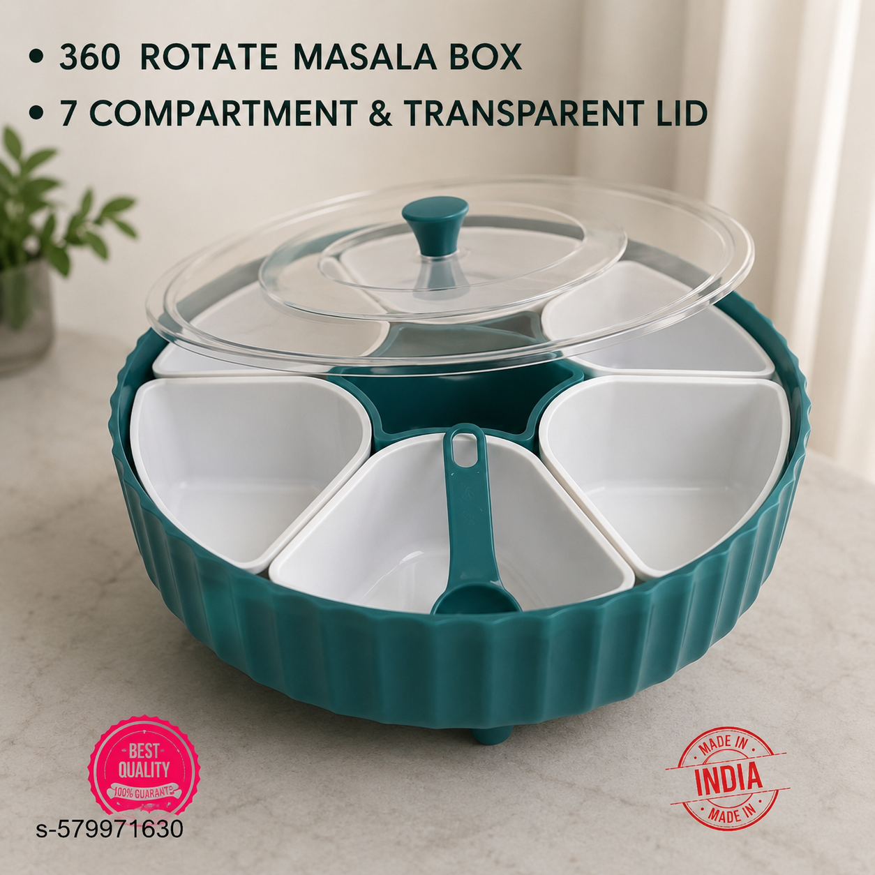 360° Rotating Masala Box with 7 Removable Spice Containers, Transparent Lid & Spoon | Multipurpose Plastic Spice Organizer for Kitchen | Air-Tight Spice Storage Container (Blue)