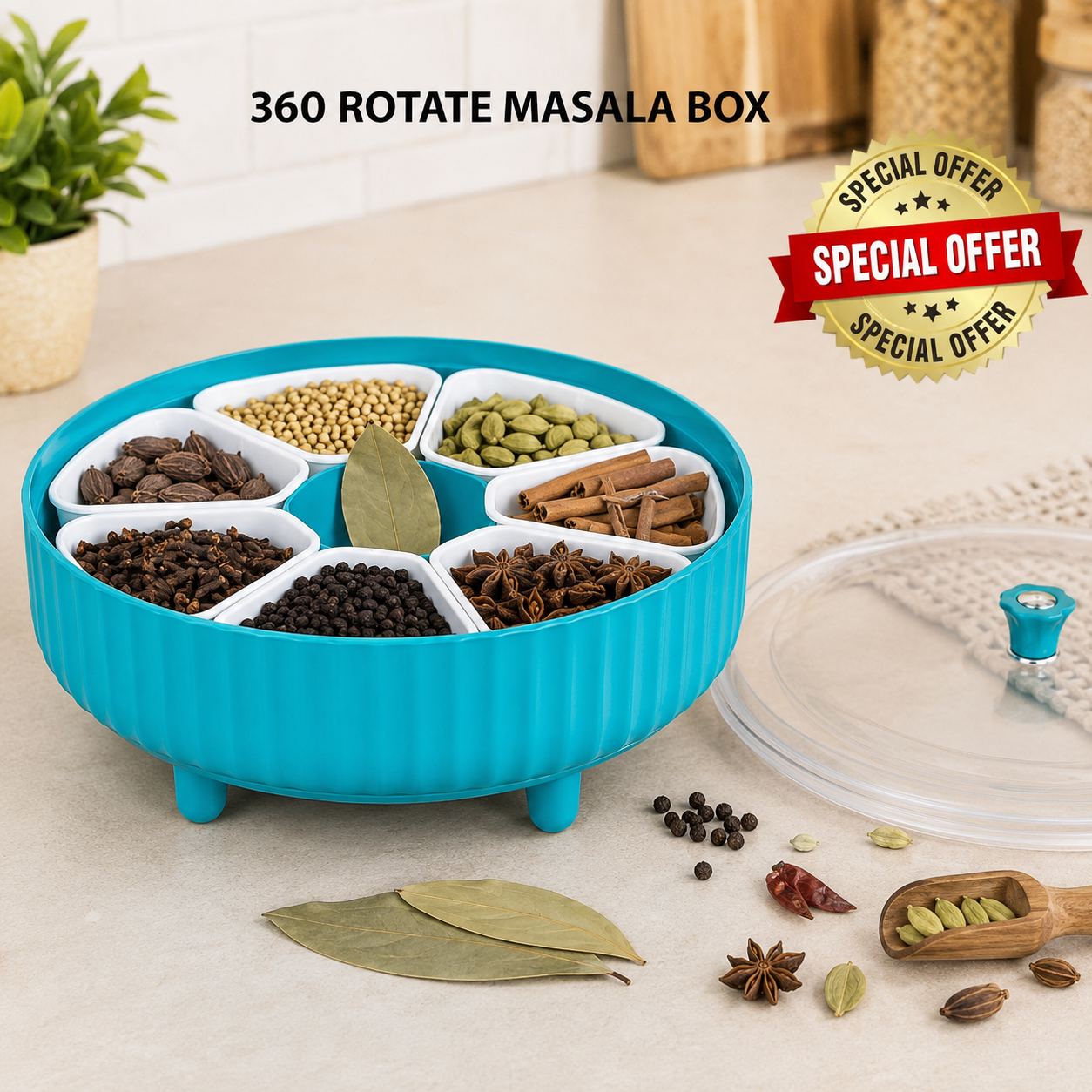 360° Rotating Masala Box with 7 Removable Spice Containers, Transparent Lid & Spoon | Multipurpose Plastic Spice Organizer for Kitchen | Air-Tight Spice Storage Container (Blue)
