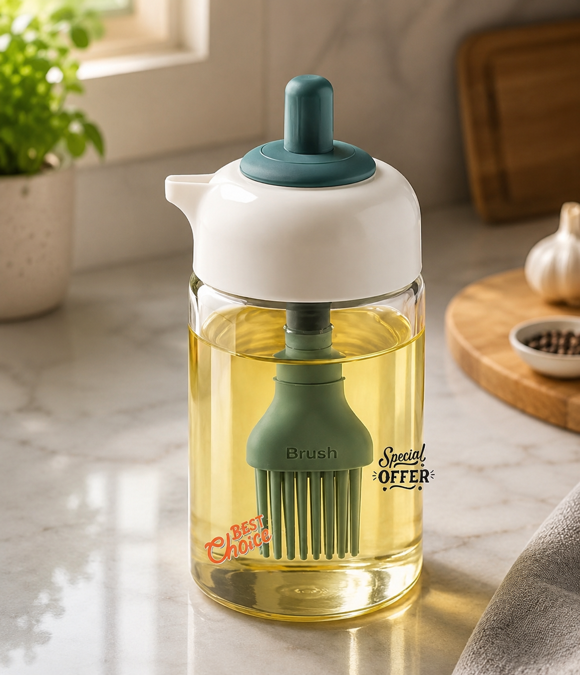 2-in-1 Oil Dispenser Bottle with Silicone Basting Brush, Glass Olive Oil Dispenser for Cooking, BBQ, Baking & Grilling, Leakproof Kitchen Oil Brush Bottle, BPA-Free, Easy Refill (White & Green)