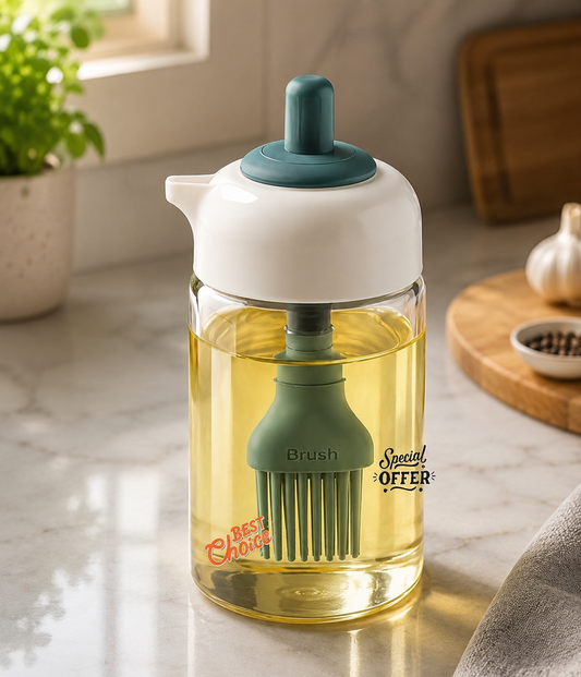 2-in-1 Oil Dispenser Bottle with Silicone Basting Brush, Glass Olive Oil Dispenser for Cooking, BBQ, Baking & Grilling, Leakproof Kitchen Oil Brush Bottle, BPA-Free, Easy Refill (White & Green)