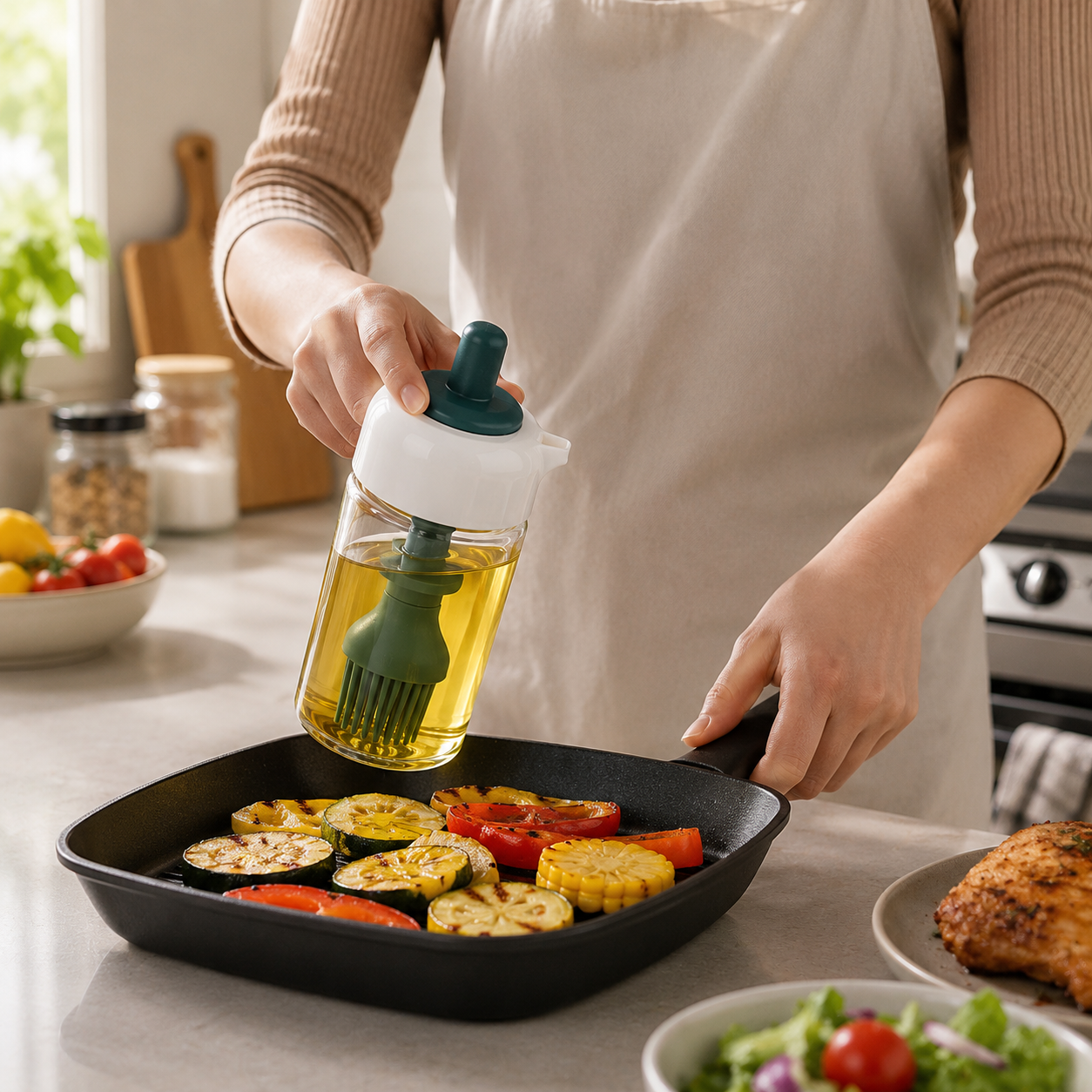 2-in-1 Oil Dispenser Bottle with Silicone Basting Brush, Glass Olive Oil Dispenser for Cooking, BBQ, Baking & Grilling, Leakproof Kitchen Oil Brush Bottle, BPA-Free, Easy Refill (White & Green)