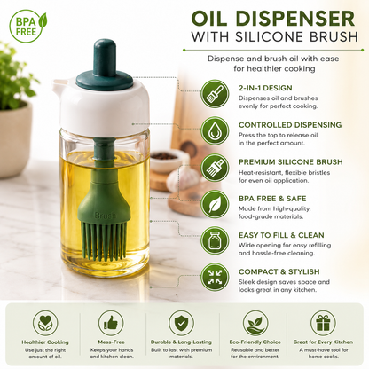 2-in-1 Oil Dispenser Bottle with Silicone Basting Brush, Glass Olive Oil Dispenser for Cooking, BBQ, Baking & Grilling, Leakproof Kitchen Oil Brush Bottle, BPA-Free, Easy Refill (White & Green)