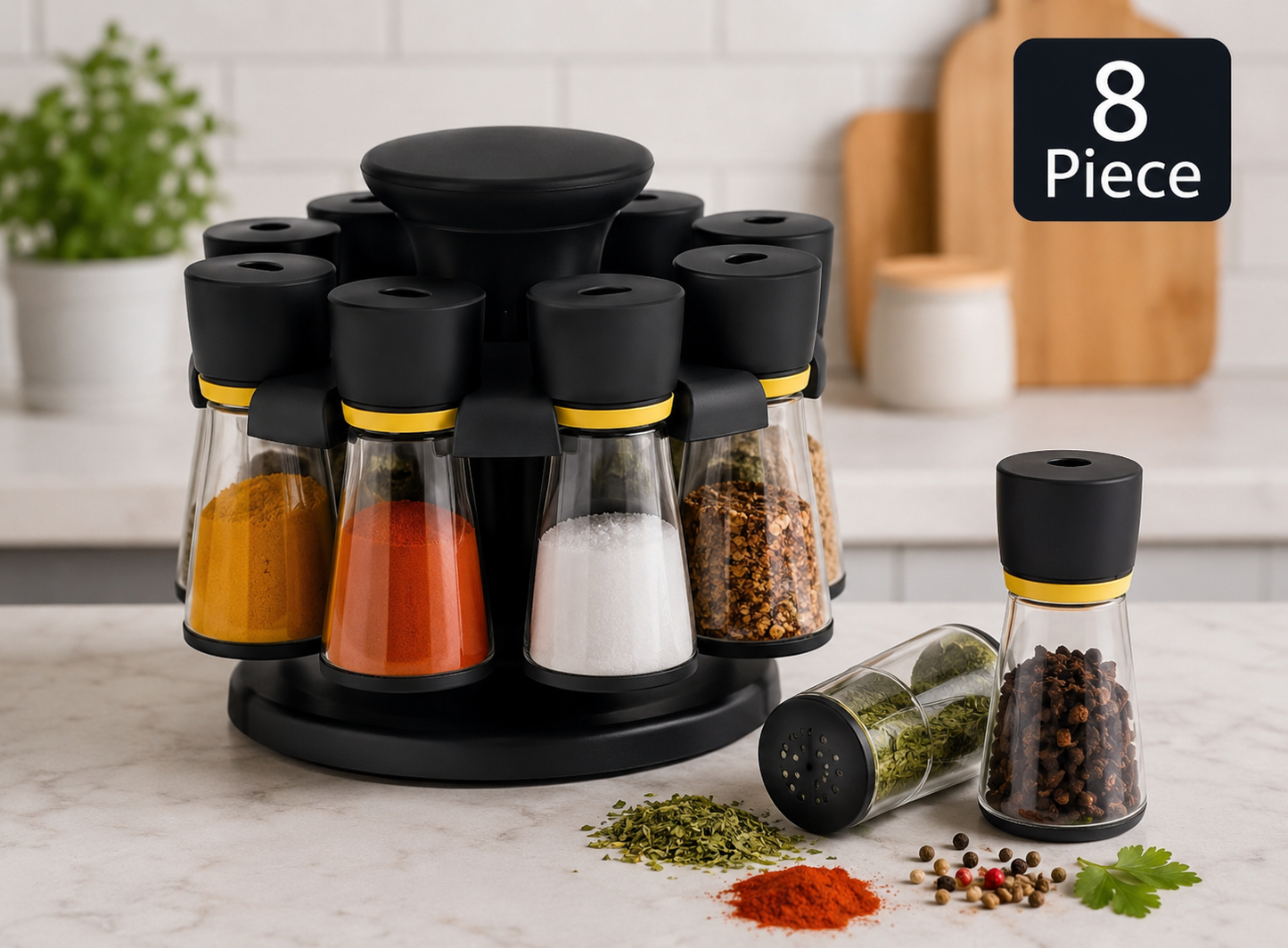 360° Rotating Spice Rack Set with 8 Glass Spice Jars & Dual Dispensing Lids | Airtight Seasoning Organizer Stand | Premium Kitchen Masala Container Set | Space-Saving Countertop Spice Organizer (Black)