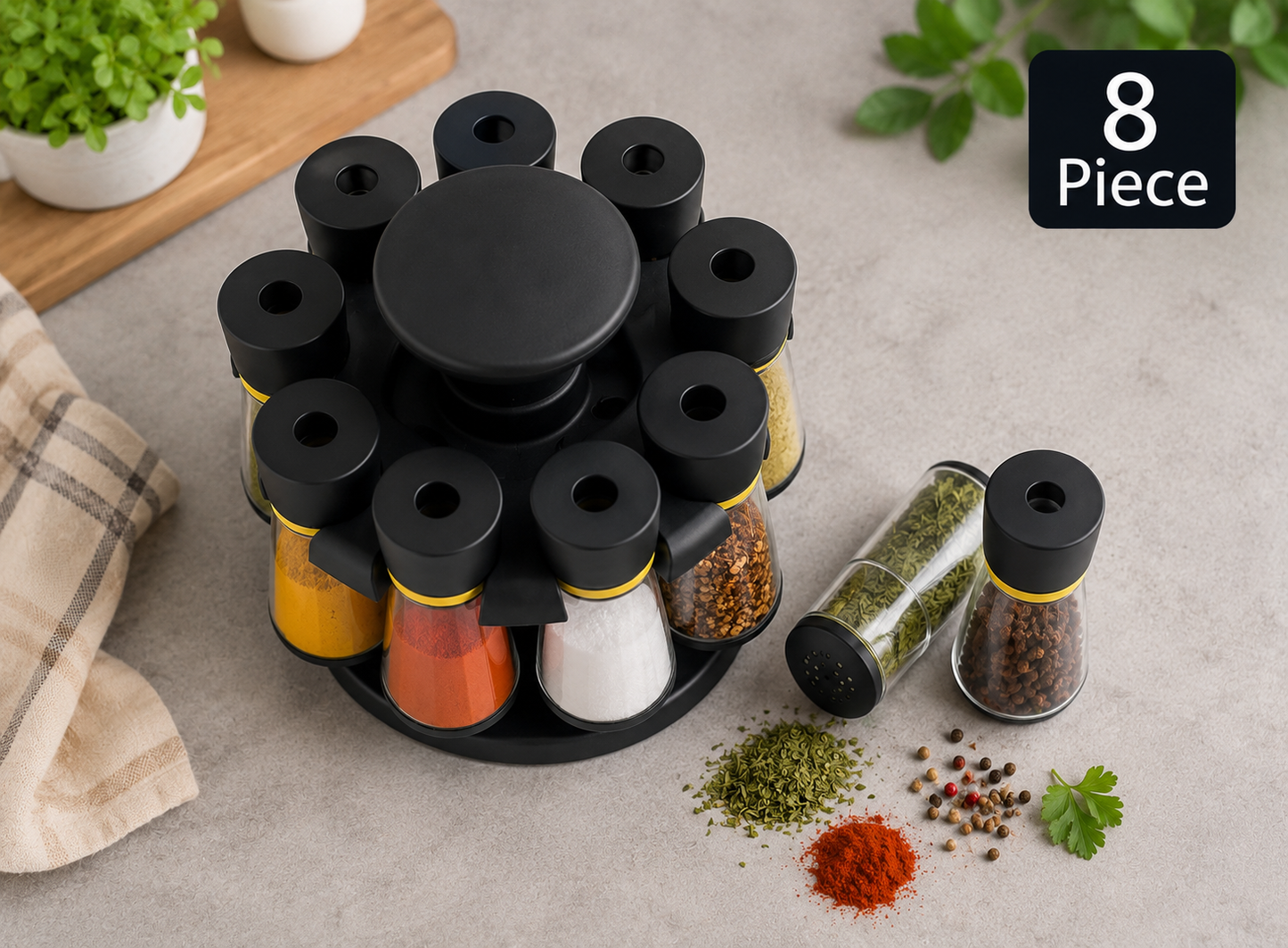 360° Rotating Spice Rack Set with 8 Glass Spice Jars & Dual Dispensing Lids | Airtight Seasoning Organizer Stand | Premium Kitchen Masala Container Set | Space-Saving Countertop Spice Organizer (Black)