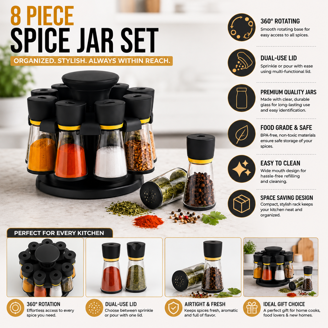 360° Rotating Spice Rack Set with 8 Glass Spice Jars & Dual Dispensing Lids | Airtight Seasoning Organizer Stand | Premium Kitchen Masala Container Set | Space-Saving Countertop Spice Organizer (Black)