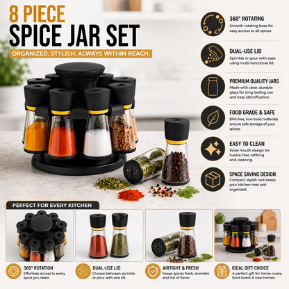360° Rotating Spice Rack Set with 8 Glass Spice Jars & Dual Dispensing Lids | Airtight Seasoning Organizer Stand | Premium Kitchen Masala Container Set | Space-Saving Countertop Spice Organizer (Black)