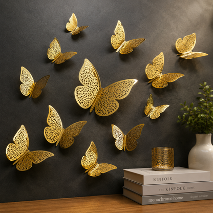 3D Gold Butterfly Wall Decor Set | Metallic Butterfly Wall Stickers for Living Room, Bedroom, Office & Home Decoration | Elegant DIY Wall Art | Easy Peel & Stick