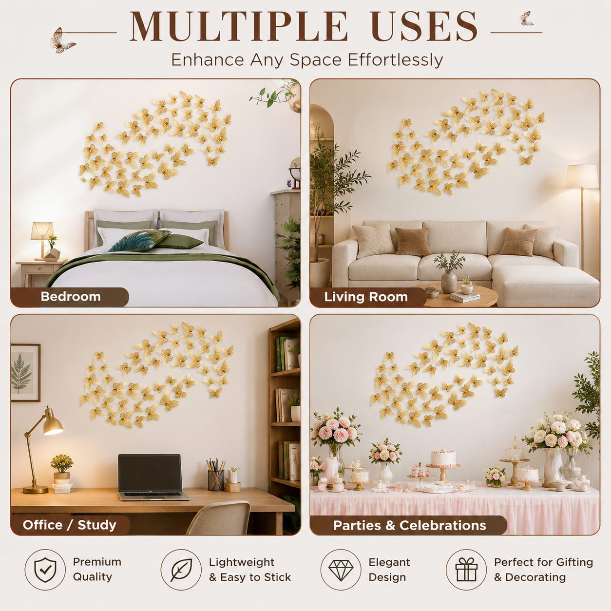 3D Gold Butterfly Wall Decor Set | Metallic Butterfly Wall Stickers for Living Room, Bedroom, Office & Home Decoration | Elegant DIY Wall Art | Easy Peel & Stick