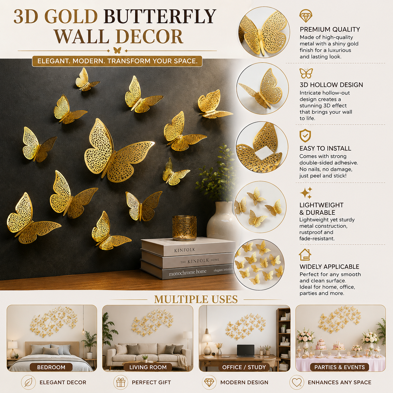 3D Gold Butterfly Wall Decor Set | Metallic Butterfly Wall Stickers for Living Room, Bedroom, Office & Home Decoration | Elegant DIY Wall Art | Easy Peel & Stick