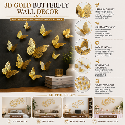 3D Gold Butterfly Wall Decor Set | Metallic Butterfly Wall Stickers for Living Room, Bedroom, Office & Home Decoration | Elegant DIY Wall Art | Easy Peel & Stick