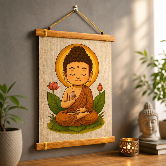 Buddha Wall Hanging Canvas Scroll | Spiritual Wall Decor with Wooden Frame | Meditation Room, Living Room & Bedroom Decoration | Easy to Hang | 10 x 16.5 Inch