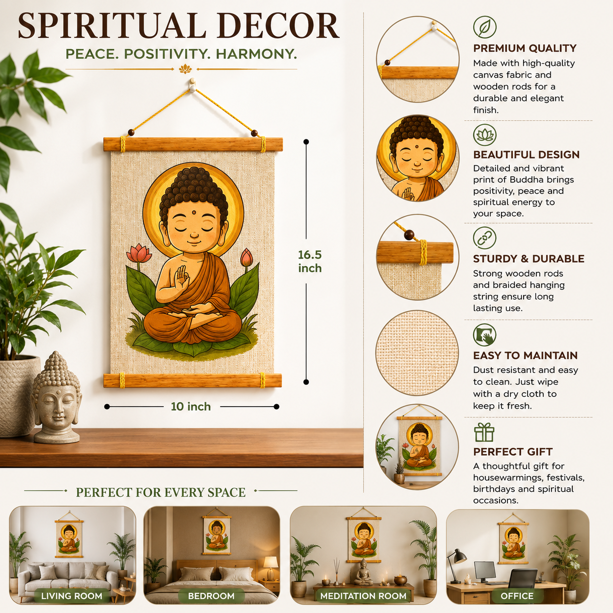 Buddha Wall Hanging Canvas Scroll | Spiritual Wall Decor with Wooden Frame | Meditation Room, Living Room & Bedroom Decoration | Easy to Hang | 10 x 16.5 Inch