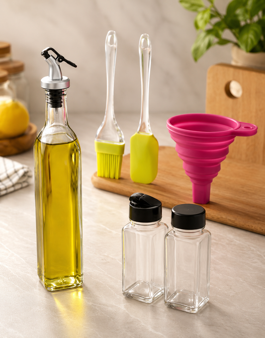 8-Piece Olive Oil Dispenser & Kitchen Accessories Set – Glass Oil Bottle with Stainless Steel Pour Spout, Silicone Basting Brush, Silicone Spatula, Foldable Funnel & 2 Spice Jars – Cooking & Kitchen Essentials