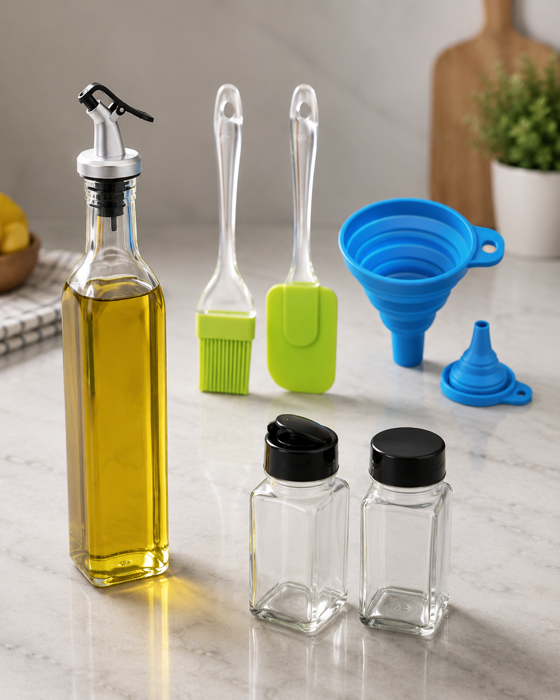 8-Piece Olive Oil Dispenser & Kitchen Accessories Set – Glass Oil Bottle with Stainless Steel Pour Spout, Silicone Basting Brush, Silicone Spatula, Foldable Funnel & 2 Spice Jars – Cooking & Kitchen Essentials