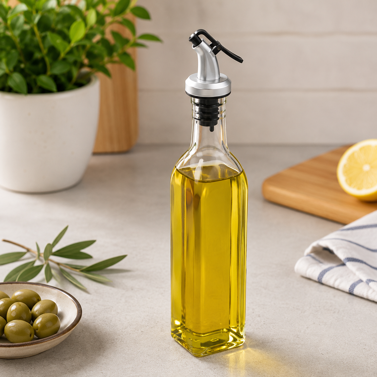 8-Piece Olive Oil Dispenser & Kitchen Accessories Set – Glass Oil Bottle with Stainless Steel Pour Spout, Silicone Basting Brush, Silicone Spatula, Foldable Funnel & 2 Spice Jars – Cooking & Kitchen Essentials