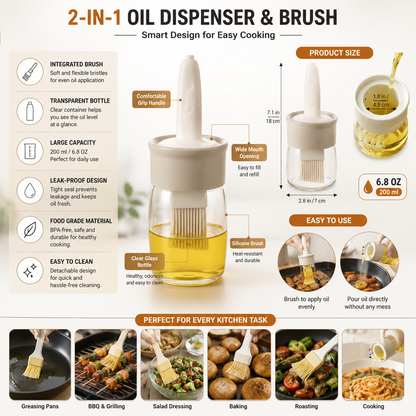 2-in-1 Oil Dispenser with Silicone Basting Brush – Cute Duck Design, 200ml Glass Oil Bottle, Food-Grade Silicone Brush, Leak-Proof, Refillable Oil Applicator for BBQ, Baking, Air Fryer, Cooking & Salad