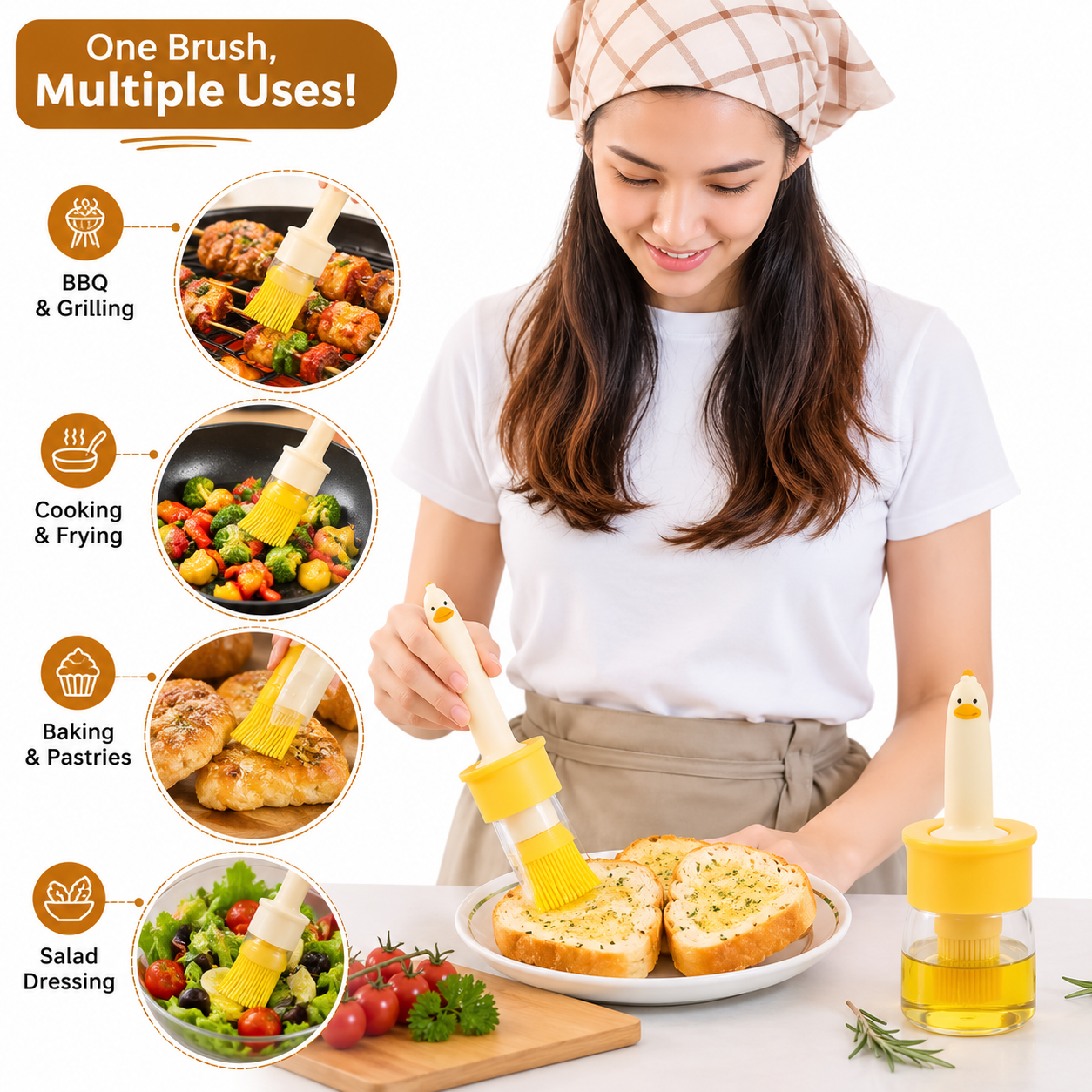 2-in-1 Oil Dispenser with Silicone Basting Brush – Cute Duck Design, 200ml Glass Oil Bottle, Food-Grade Silicone Brush, Leak-Proof, Refillable Oil Applicator for BBQ, Baking, Air Fryer, Cooking & Salad