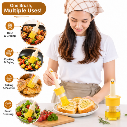 2-in-1 Oil Dispenser with Silicone Basting Brush – Cute Duck Design, 200ml Glass Oil Bottle, Food-Grade Silicone Brush, Leak-Proof, Refillable Oil Applicator for BBQ, Baking, Air Fryer, Cooking & Salad