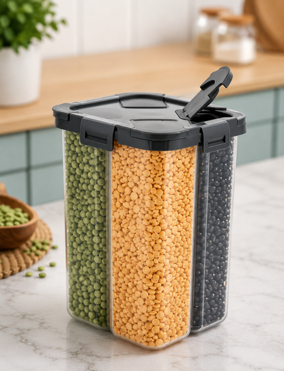 4-Compartment Airtight Food Storage Container – 2800ml Dry Food Dispenser with 4 Independent Sections, BPA-Free Grain Storage Box for Rice, Pulses, Cereals, Beans, Pasta & Kitchen Pantry Organization
