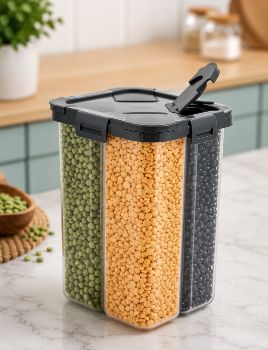 4-Compartment Airtight Food Storage Container – 2800ml Dry Food Dispenser with 4 Independent Sections, BPA-Free Grain Storage Box for Rice, Pulses, Cereals, Beans, Pasta & Kitchen Pantry Organization