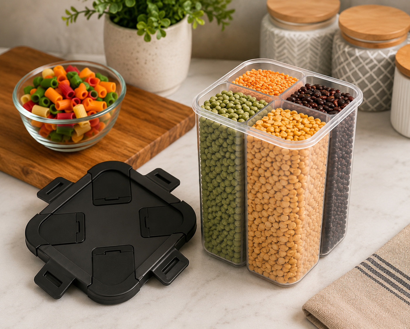 4-Compartment Airtight Food Storage Container – 2800ml Dry Food Dispenser with 4 Independent Sections, BPA-Free Grain Storage Box for Rice, Pulses, Cereals, Beans, Pasta & Kitchen Pantry Organization