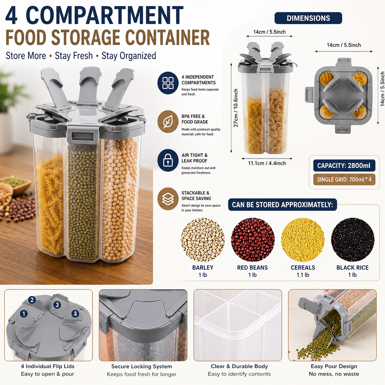 4-Compartment Airtight Food Storage Container – 2800ml Dry Food Dispenser with 4 Independent Sections, BPA-Free Grain Storage Box for Rice, Pulses, Cereals, Beans, Pasta & Kitchen Pantry Organization