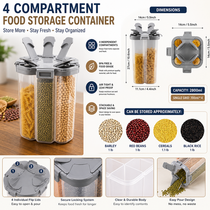 4-Compartment Airtight Food Storage Container – 2800ml Dry Food Dispenser with 4 Independent Sections, BPA-Free Grain Storage Box for Rice, Pulses, Cereals, Beans, Pasta & Kitchen Pantry Organization