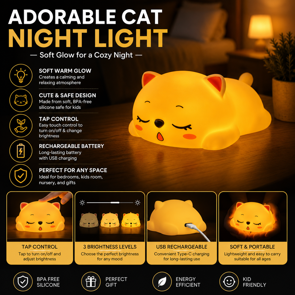 Cute Cat Silicone LED Night Light for Kids – Soft Warm Glow, Tap Control, USB Rechargeable, Portable Sleep Lamp for Bedroom, Nursery, Baby Room & Home Decor