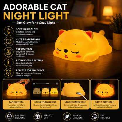 Cute Cat Silicone LED Night Light for Kids – Soft Warm Glow, Tap Control, USB Rechargeable, Portable Sleep Lamp for Bedroom, Nursery, Baby Room & Home Decor