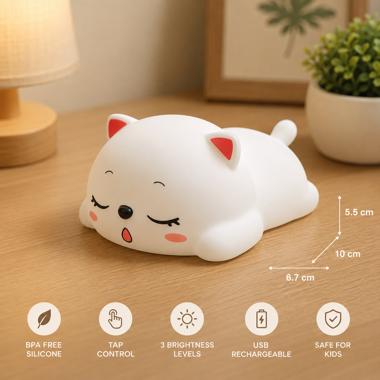 Cute Cat Silicone LED Night Light for Kids – Soft Warm Glow, Tap Control, USB Rechargeable, Portable Sleep Lamp for Bedroom, Nursery, Baby Room & Home Decor