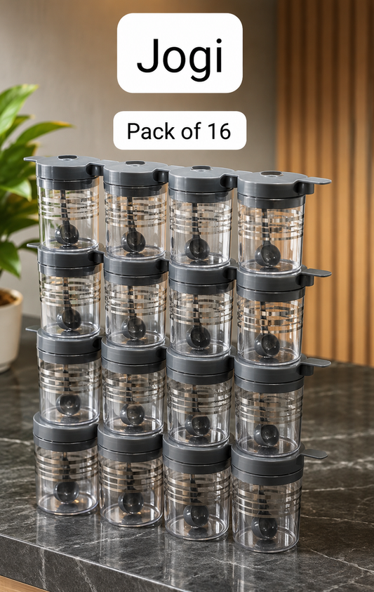 Jogi Plastic Spice Storage Jar Set with Spoon & Flip Lid | Pack of 16 | BPA-Free Kitchen Storage Containers | Airtight Masala, Dry Fruits, Sugar, Tea & Coffee Organizer | Transparent Design
