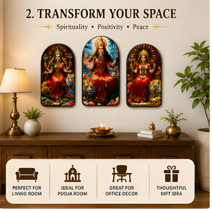 Premium Maa Durga Wall Frame Set of 3 | HD Printed MDF Wall Decor | 28 cm