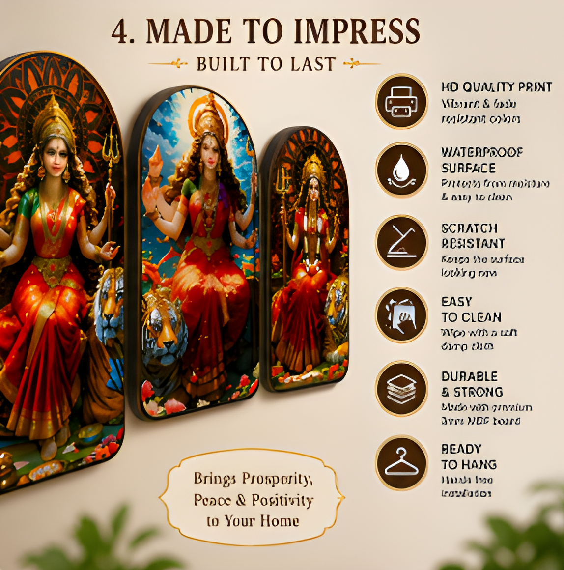 Premium Maa Durga Wall Frame Set of 3 | HD Printed MDF Wall Decor | 28 cm