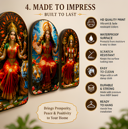Premium Maa Durga Wall Frame Set of 3 | HD Printed MDF Wall Decor | 28 cm