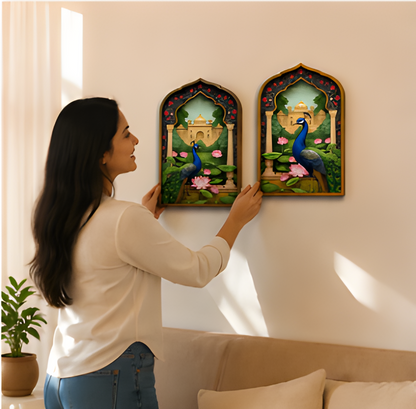 Peacock Jharokha Wooden Wall Art Set of 2 Traditional Indian Home Decor | Living Room & Bedroom Wall Hanging